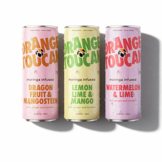 All three Orange Toucan moringa juice drink flavors