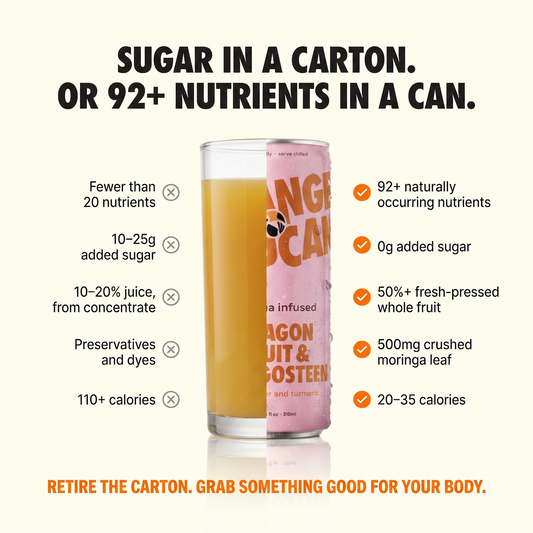What is inside an Orange Toucan can: whole fruit, moringa leaf, turmeric and ginger