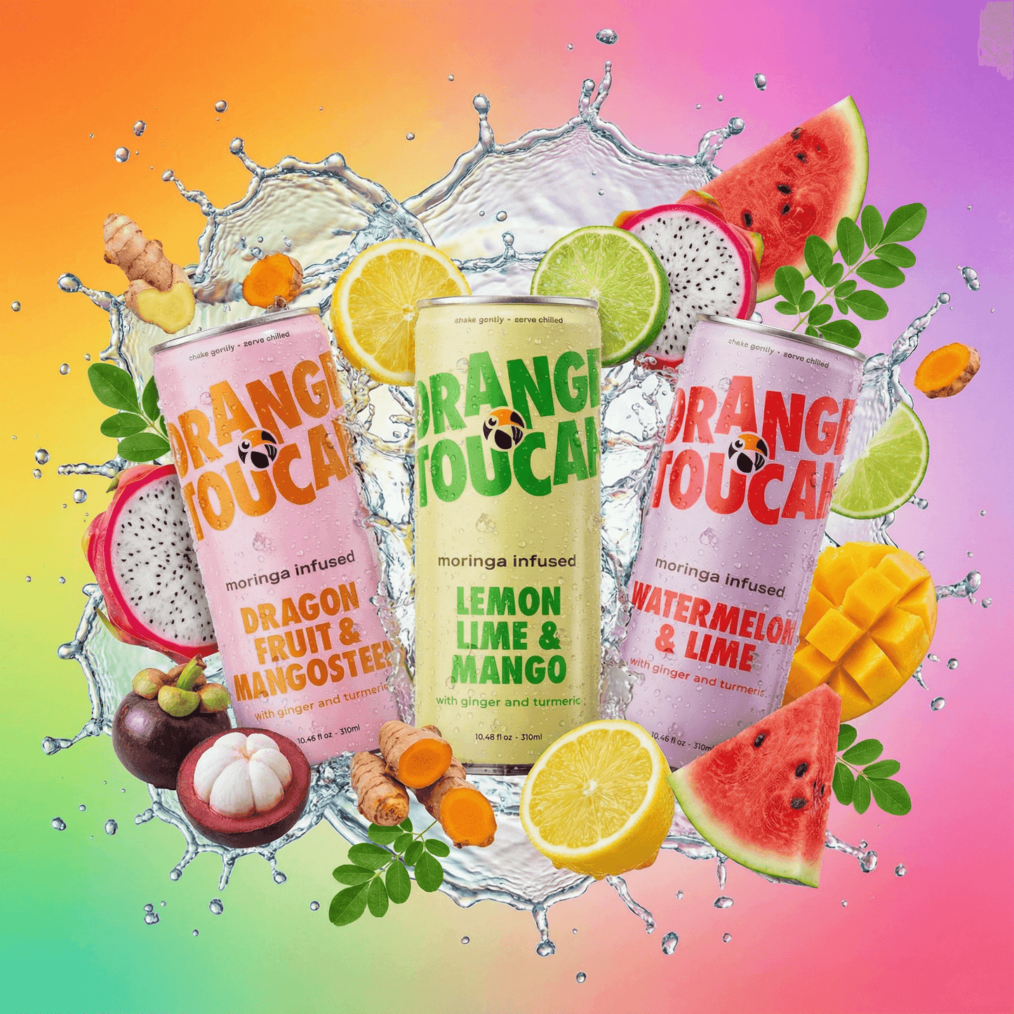 Three cans of Orange Toucan with fruit slices, moringa, ginger, turmeric, and splashes on a colorful background