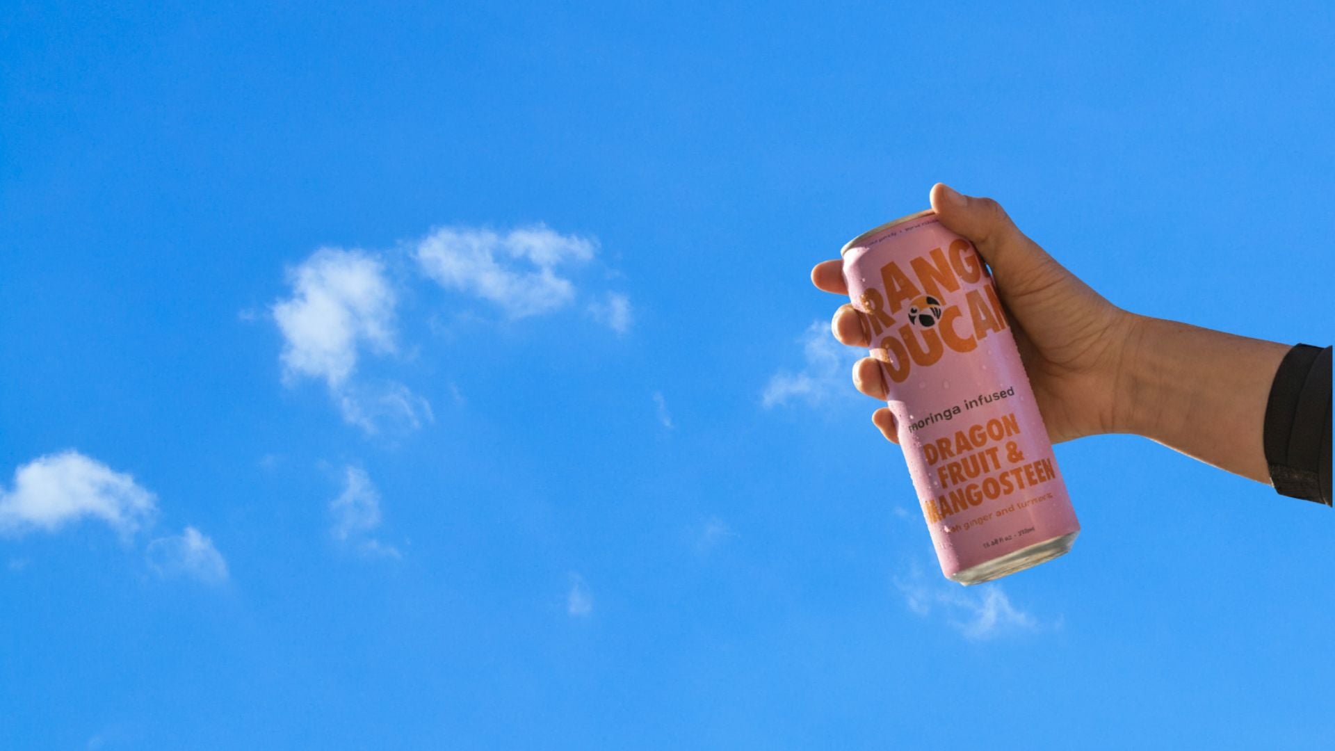 Hand holding a can of Orange Toucan against a blue sky