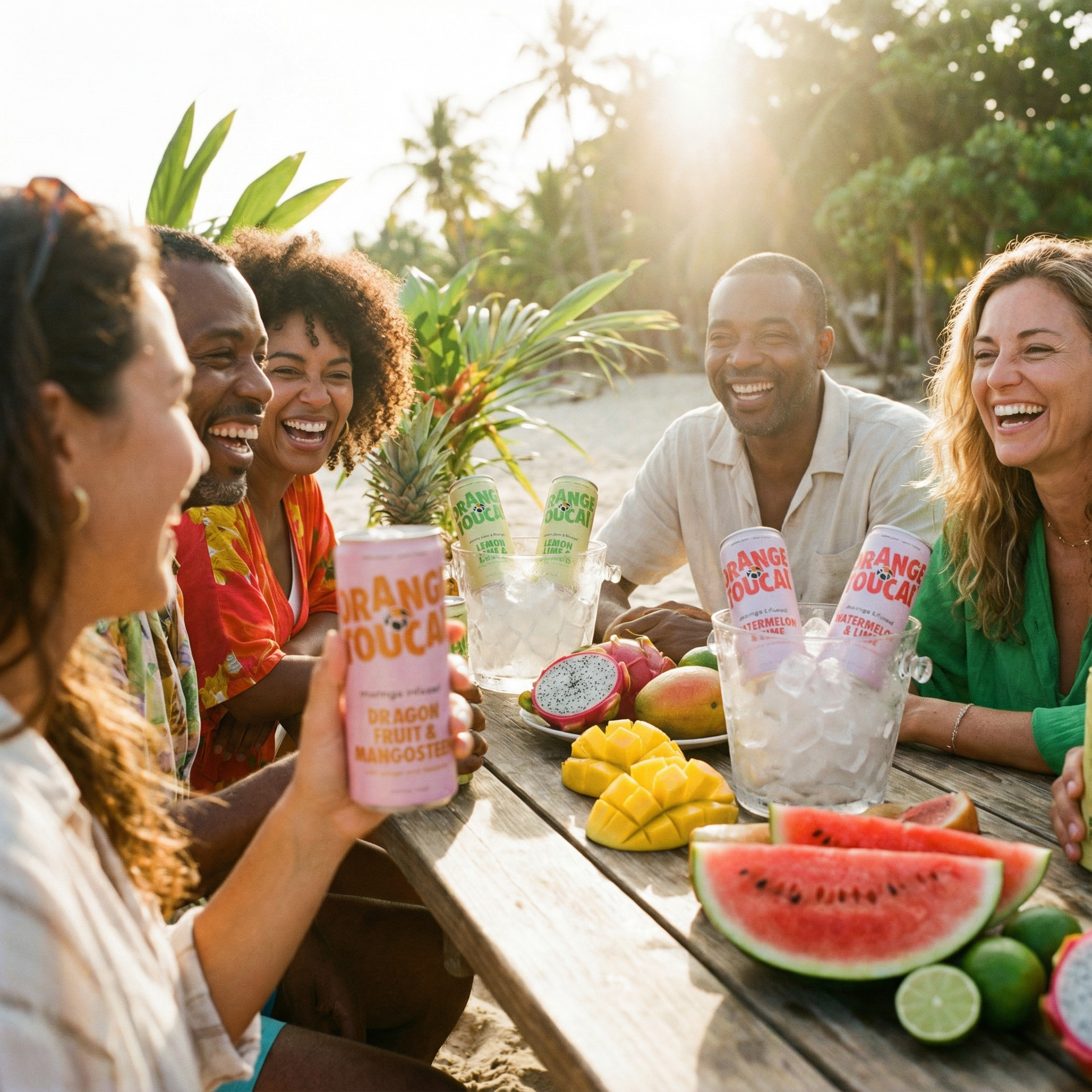 Group of people enjoying drinks and fruits at a beachside table with Orange Toucan cans.