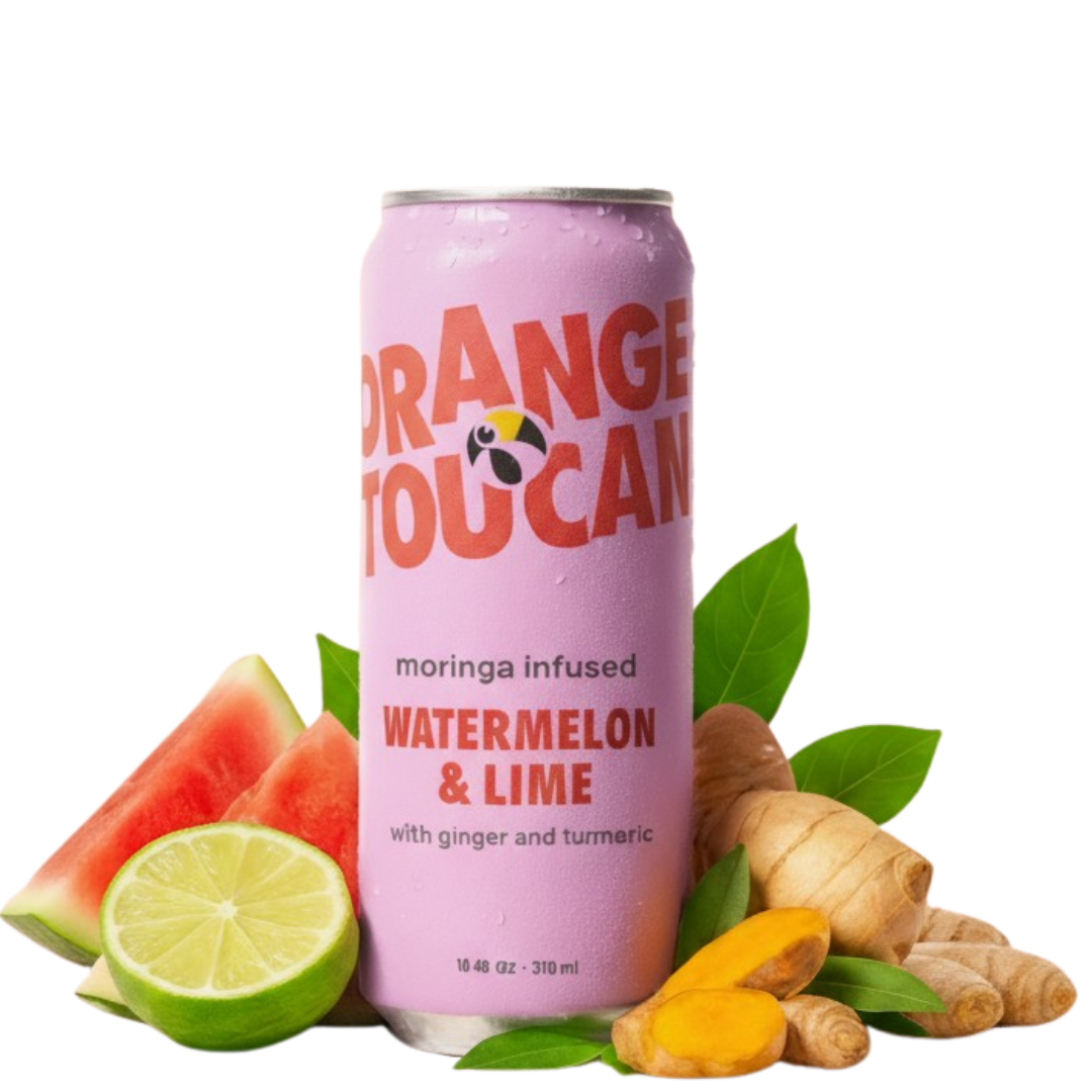 Pink can of watermelon and lime flavoured Orange Toucan with watermelon, lime, turmeric, moringa leaves, and ginger on a transparent background