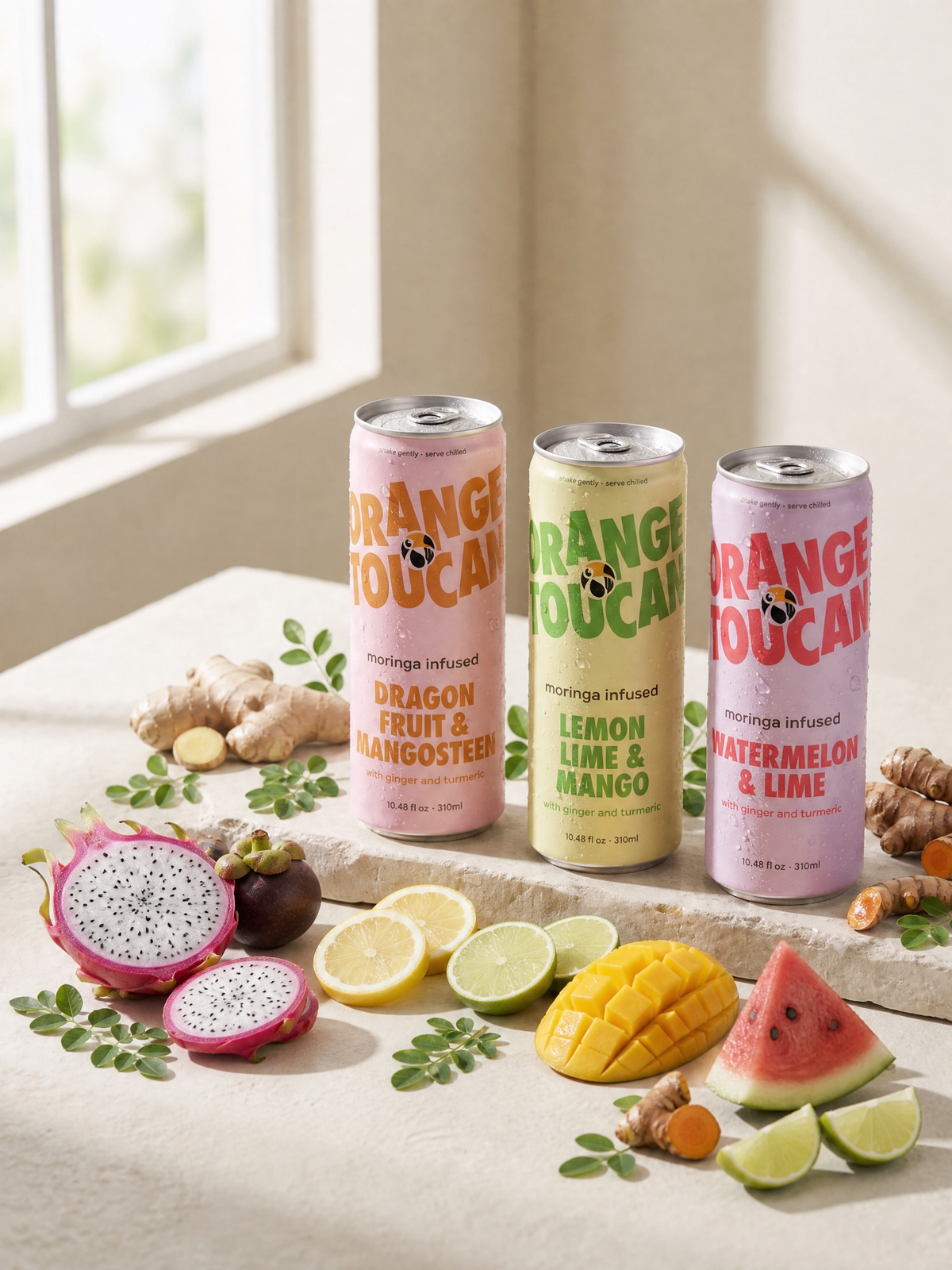 Orange Toucan Dragon Fruit & Mangosteen, Lemon, Lime & Mango and Watermelon & Lime cans with fresh fruit, ginger root, turmeric root and moringa leaves