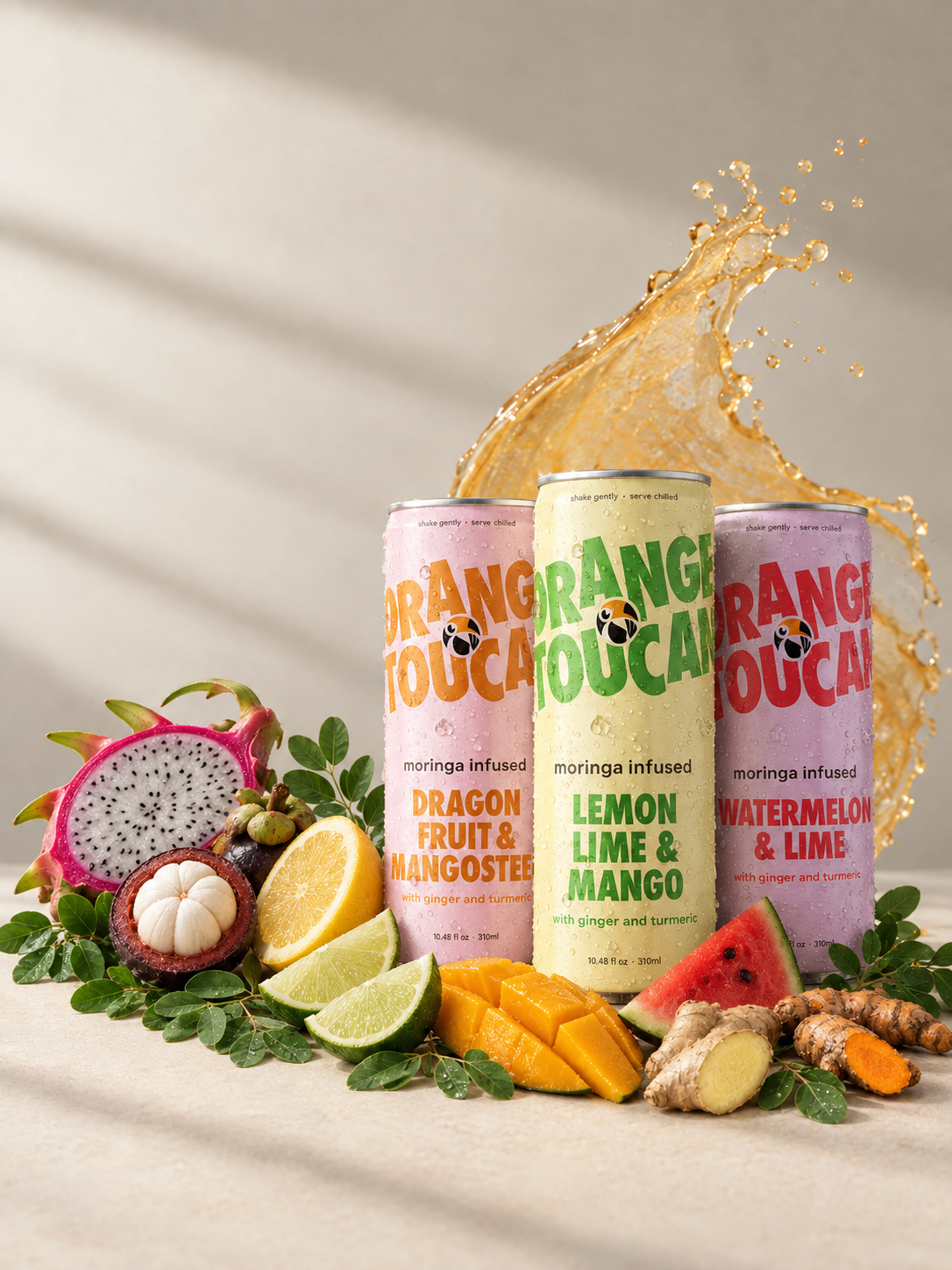 Three Orange Toucan cans in warm afternoon light with fresh fruit, ginger and turmeric