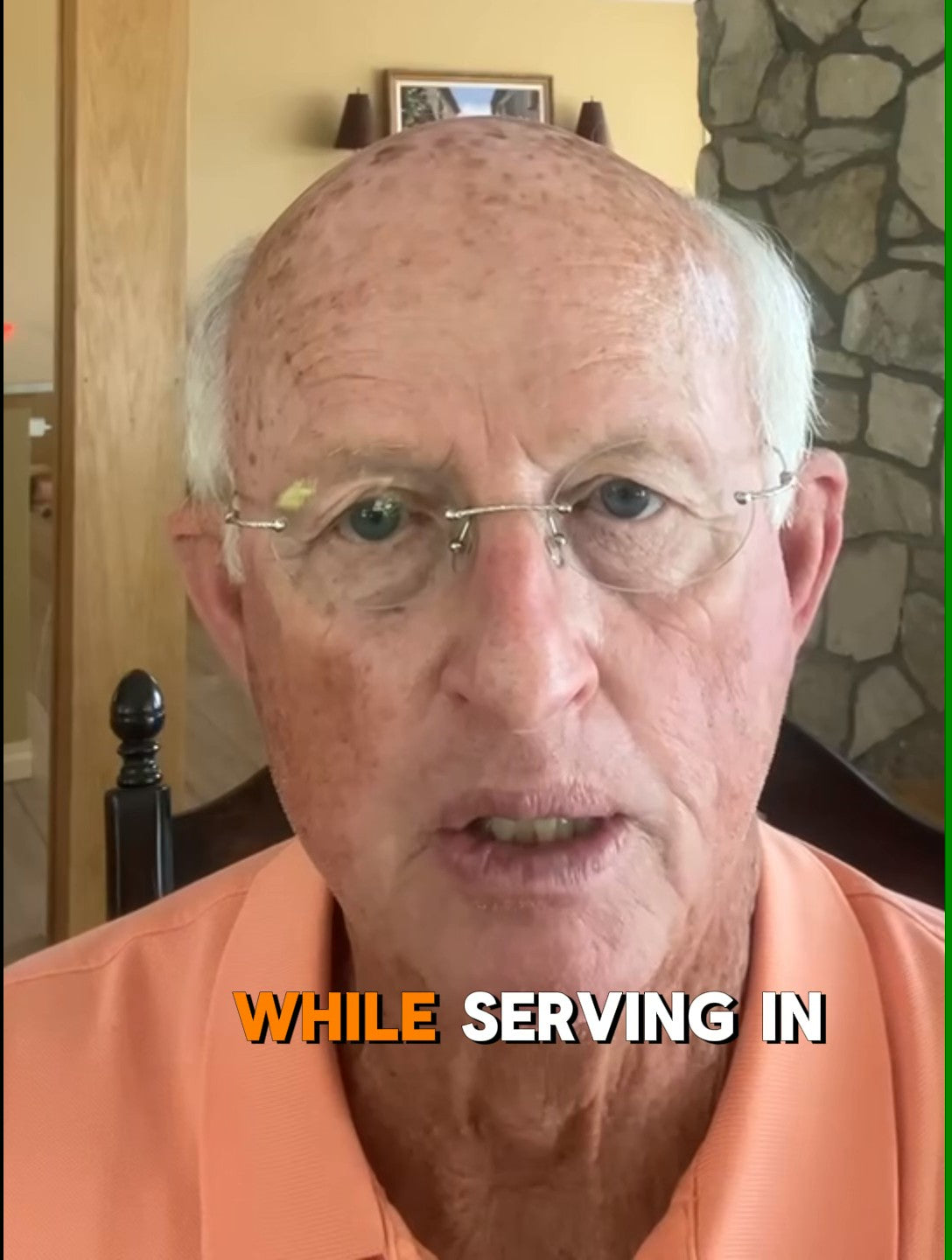 Orange Toucan co-founder Sandy Wheeler wearing glasses with text overlay 'WHILE SERVING IN' in a home setting