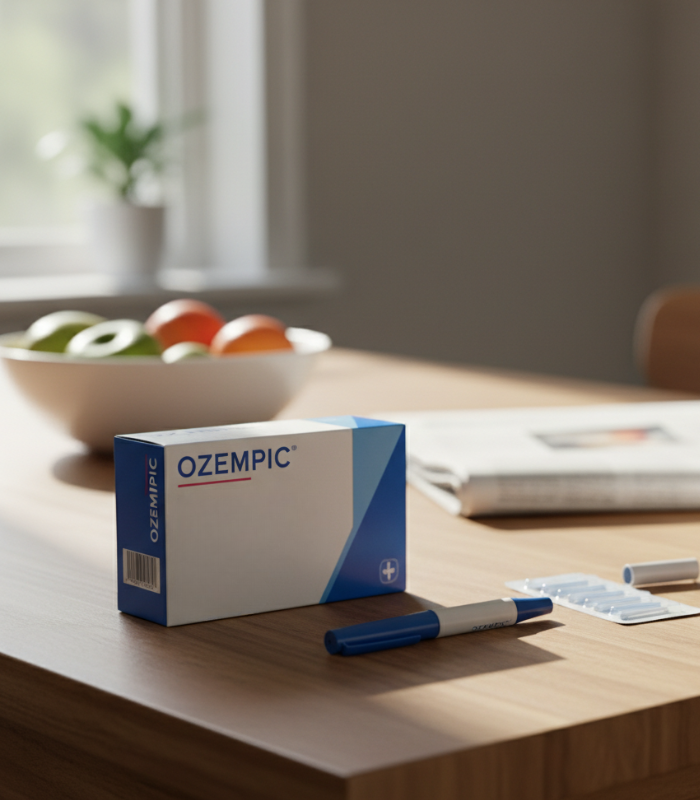 OZEMPIC packaging on a table with a pen, newspaper, and fruitbowl in the background.