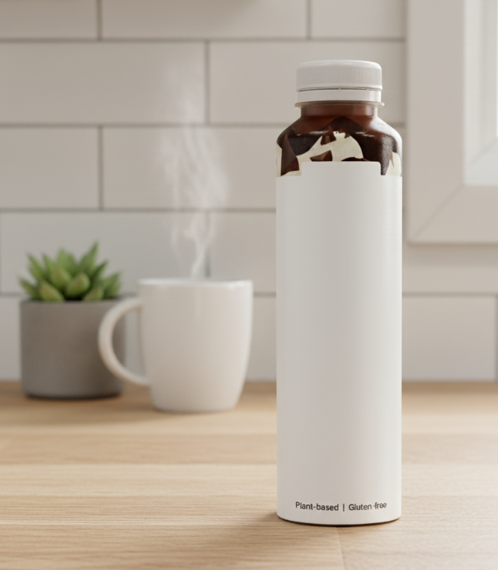 White bottle with a label on a wooden surface with a white mug and plant in the background.