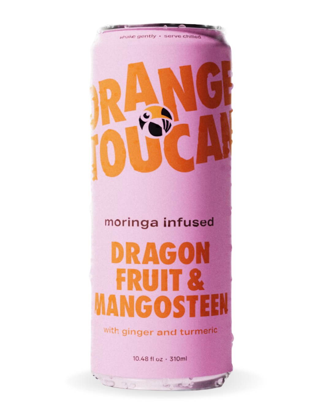 Pink can of Orange Toucan dragon fruit and mangosteen drink, containing ginger and turmeric and infused with moringa, on a transparent background